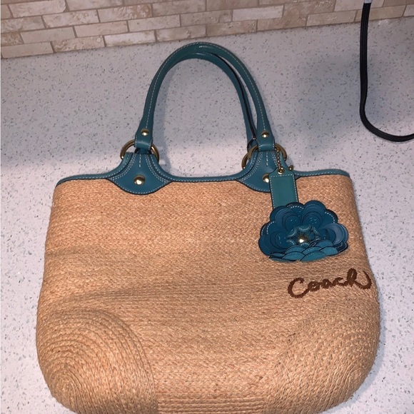 Coach Handbags - Teal accent beachy straw coach purse BH